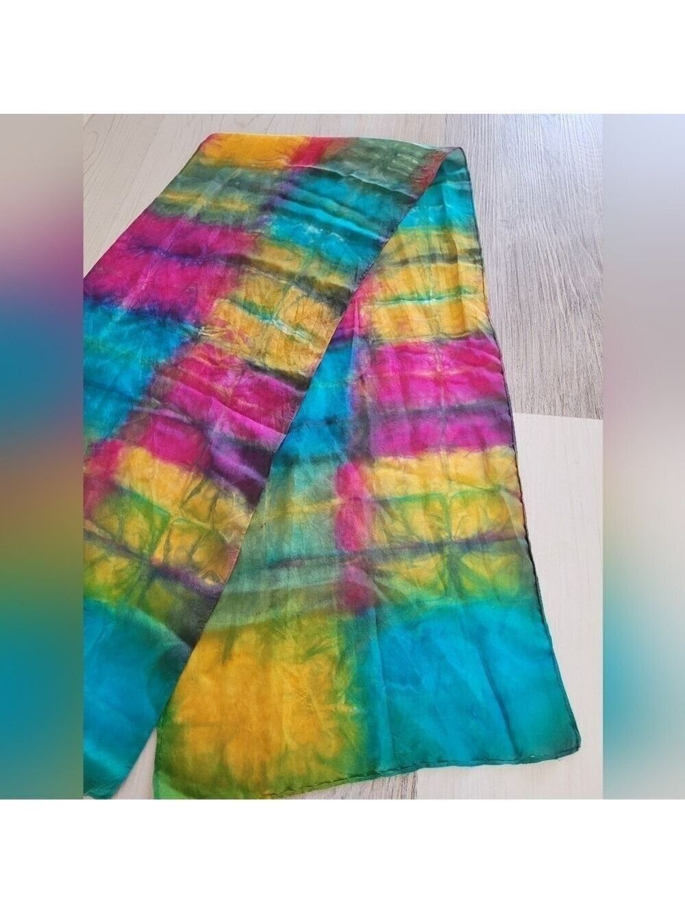 Silk 100% Rainbow Scarf Turquoise Purple Yellow Green Red - Picture 7 of 9